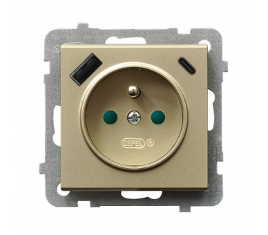 Gniazdo pojedyncze z uziemieniem z przesłonami torów prądowych, z ładowarką USB A+C Szampański złoty Ospel Sonata