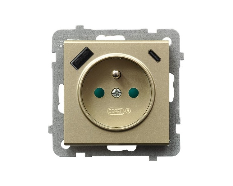 Gniazdo pojedyncze z uziemieniem z przesłonami torów prądowych, z ładowarką USB A+C Szampański złoty Ospel Sonata