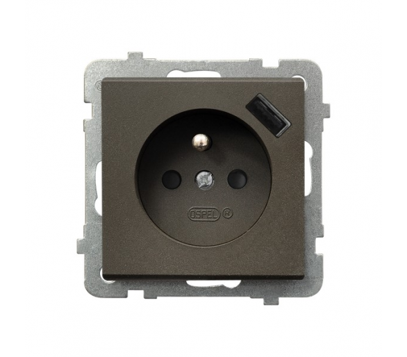 Gniazdo pojedyncze z uziemieniem z przesłonami torów prądowych, z ładowarką USB A+C Czekoladowy metalik Ospel Sonata
