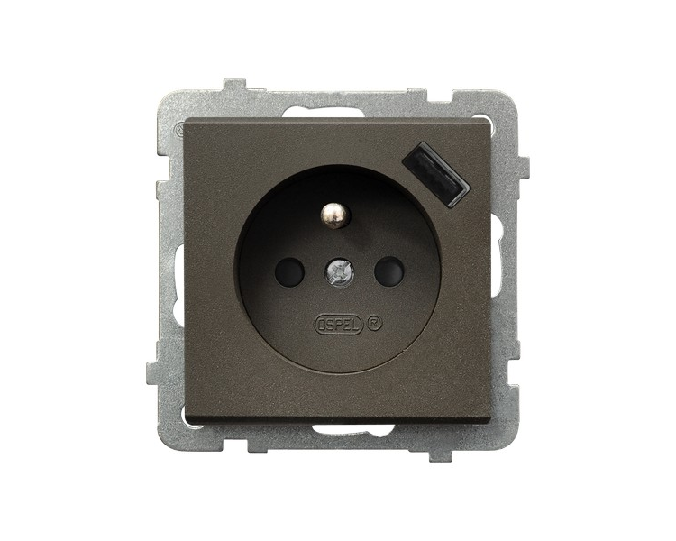 Gniazdo pojedyncze z uziemieniem z przesłonami torów prądowych, z ładowarką USB A+C Czekoladowy metalik Ospel Sonata