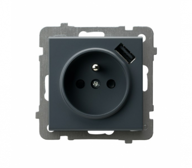Gniazdo pojedyncze z uziemieniem z przesłonami torów prądowych, z ładowarką USB A+C Szary grafit Ospel Sonata