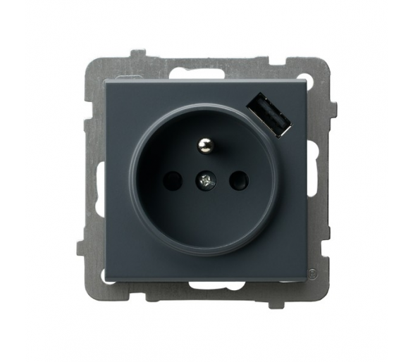 Gniazdo pojedyncze z uziemieniem z przesłonami torów prądowych, z ładowarką USB A+C Szary grafit Ospel Sonata