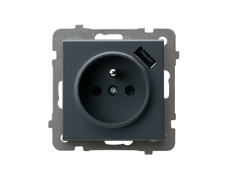 Gniazdo pojedyncze z uziemieniem z przesłonami torów prądowych, z ładowarką USB A+C Szary grafit Ospel Sonata