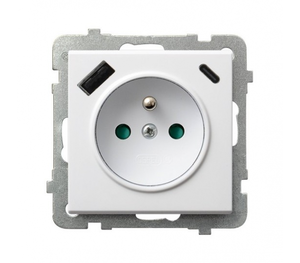 Gniazdo pojedyncze z uziemieniem z przesłonami torów prądowych, z ładowarką USB A+C Biały mat Ospel Sonata