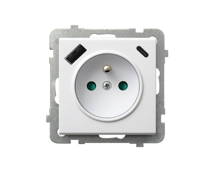 Gniazdo pojedyncze z uziemieniem z przesłonami torów prądowych, z ładowarką USB A+C Biały mat Ospel Sonata