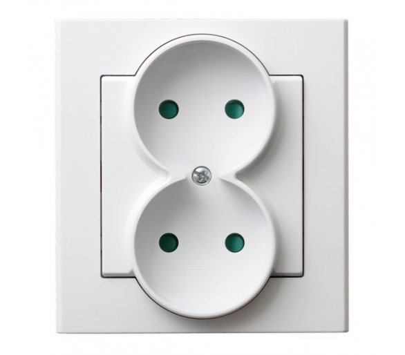 Gniazdo podwójne z przesłonami torów prądowych, kompletne z ramką Biały mat Ospel Sonata