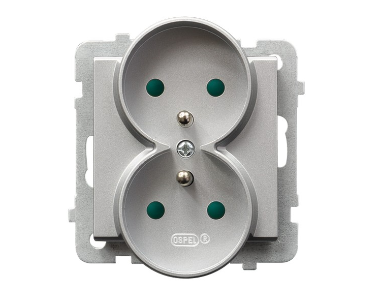 Gniazdo podwójne z uziemieniem z przesłonami torów prądowych, moduł bez ramki (do ramek 4mm) Srebro mat Ospel Sonata