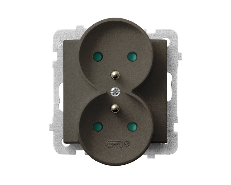 Gniazdo podwójne z uziemieniem z przesłonami torów prądowych, moduł bez ramki (do ramek 4mm) Czekoladowy metalik Ospel Sonata