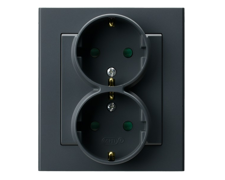 Gniazdo podwójne z uziemieniem schuko z przesłonami torów prądowych, kompletne z ramką Szary grafit Ospel Sonata