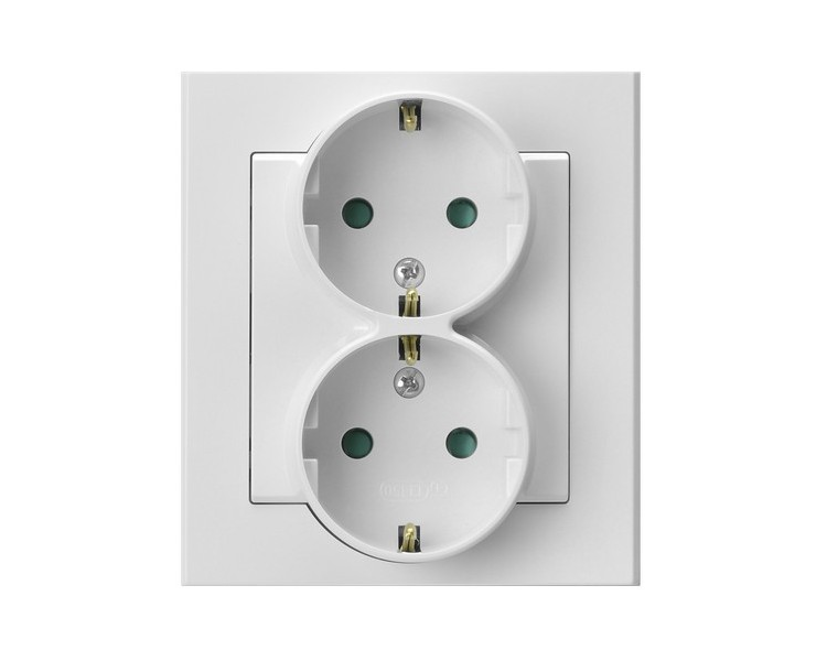 Gniazdo podwójne z uziemieniem schuko z przesłonami torów prądowych, kompletne z ramką Biały mat Ospel Sonata