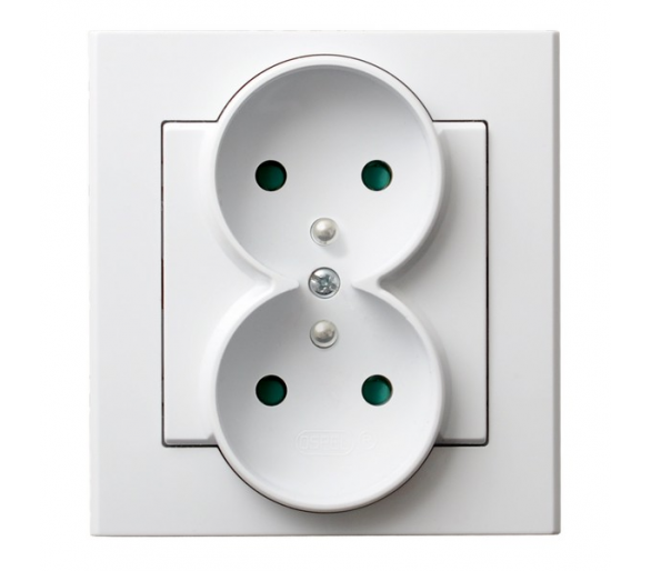Gniazdo podwójne z uziemieniem z przesłonami torów prądowych, kompletne z ramką Biały mat Ospel Sonata