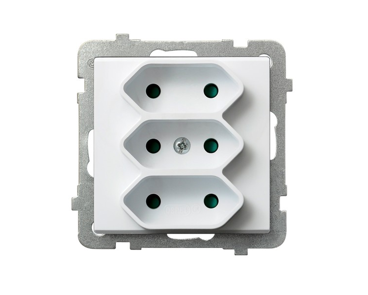 Gniazdo potrójne EURO z przesłonami torów prądowych Biały mat Ospel Sonata