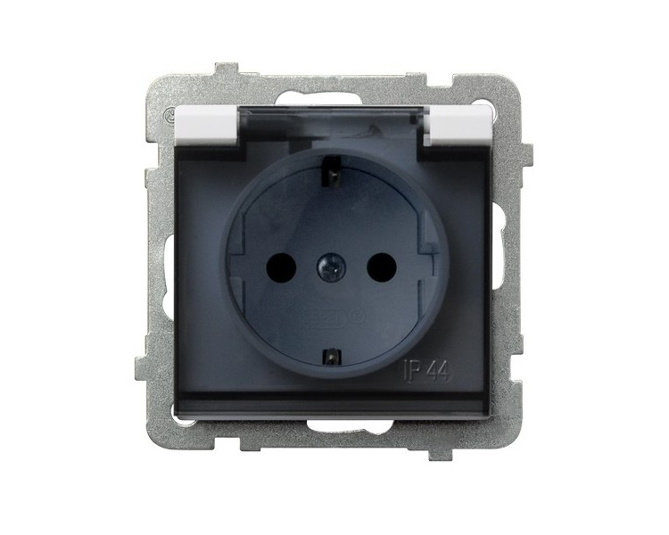 Gniazdo bryzgoszczelne z uziemieniem schuko IP-44 wieczko przezroczyste Biały mat Ospel Sonata