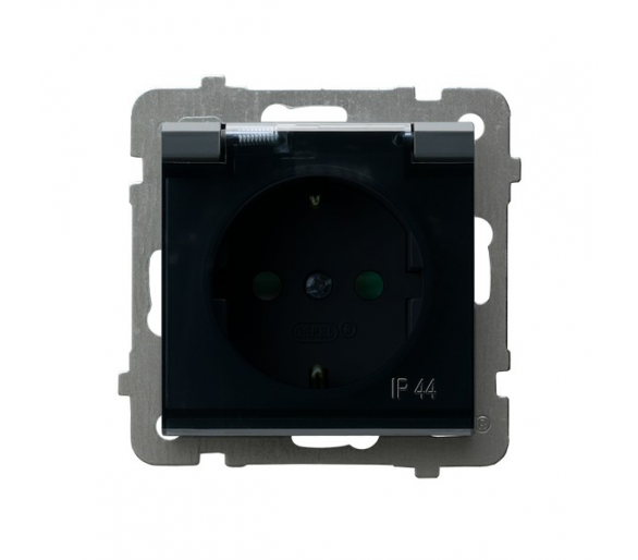 Gniazdo bryzgoszczelne z uziemieniem schuko IP-44 z przesłonami torów prądowych wieczko przezroczyste Szary grafit Ospel Sonata