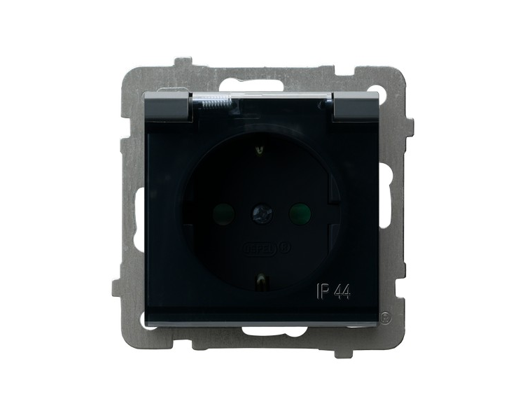 Gniazdo bryzgoszczelne z uziemieniem schuko IP-44 z przesłonami torów prądowych wieczko przezroczyste Szary grafit Ospel Sonata