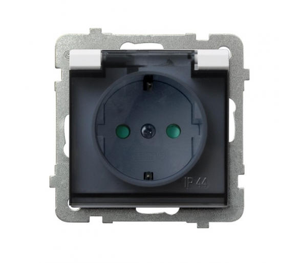 Gniazdo bryzgoszczelne z uziemieniem schuko IP-44 z przesłonami torów prądowych wieczko przezroczyste Biały mat Ospel Sonata
