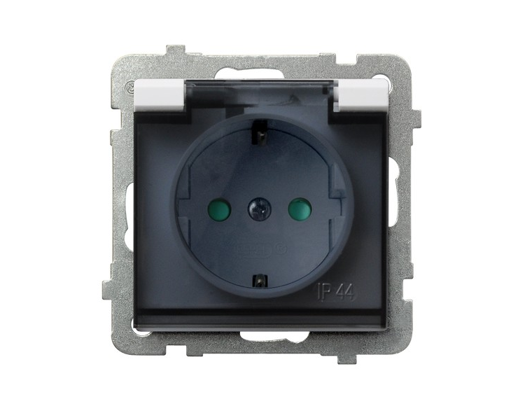 Gniazdo bryzgoszczelne z uziemieniem schuko IP-44 z przesłonami torów prądowych wieczko przezroczyste Biały mat Ospel Sonata