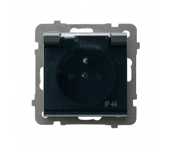 Gniazdo bryzgoszczelne z uziemieniem IP-44 z przesłonami torów prądowych wieczko przezroczyste Szary grafit Ospel Sonata