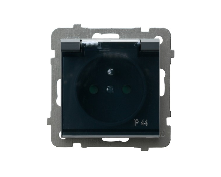 Gniazdo bryzgoszczelne z uziemieniem IP-44 z przesłonami torów prądowych wieczko przezroczyste Szary grafit Ospel Sonata
