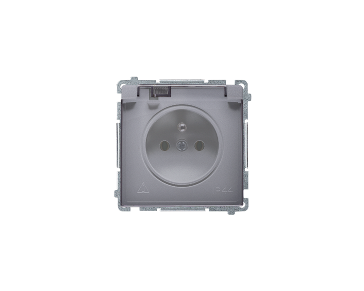Gniazdo wtyczkowe pojedyncze w wersji IP44 z przesłonami torów prądowych -  klapka w kolorze transparentnym srebrny mat, metaliz