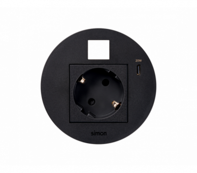 Meblowe gniazdo zasilające z uziemieniem (Schuko) z ładowarką USB-C 20W i plakietką RJ45 z mocowaniem Keystone, Simon 400 Flash 90, IP20, 16A, czarny, Wym. montażowe: Ø80mm Simon 400, Flash 90 KR3310013/14