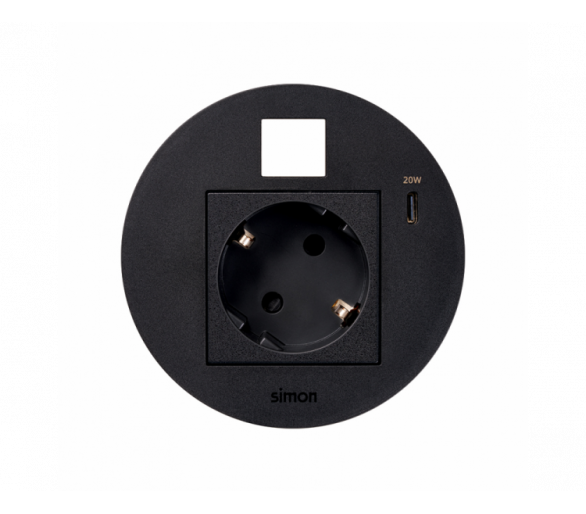 Meblowe gniazdo zasilające z uziemieniem (Schuko) z ładowarką USB-C 20W i plakietką RJ45 z mocowaniem Keystone, Simon 400 Flash 90, IP20, 16A, czarny, Wym. montażowe: Ø80mm Simon 400, Flash 90 KR3310013/14