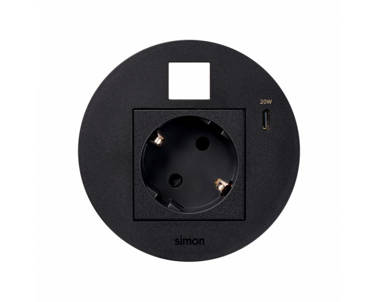 Meblowe gniazdo zasilające z uziemieniem (Schuko) z ładowarką USB-C 20W i plakietką RJ45 z mocowaniem Keystone, Simon 400 Flash 90, IP20, 16A, czarny, Wym. montażowe: Ø80mm Simon 400, Flash 90 KR3310013/14