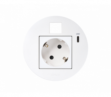 Meblowe gniazdo zasilające z uziemieniem (Schuko) z ładowarką USB-C 20W i plakietką RJ45 z mocowaniem Keystone, IP20, 16A, biały, Wym. montażowe: Ø80mm Simon 400, Flash 90 KR3310013/9
