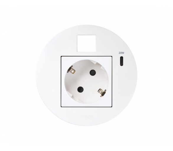 Meblowe gniazdo zasilające z uziemieniem (Schuko) z ładowarką USB-C 20W i plakietką RJ45 z mocowaniem Keystone, IP20, 16A, biały, Wym. montażowe: Ø80mm Simon 400, Flash 90 KR3310013/9