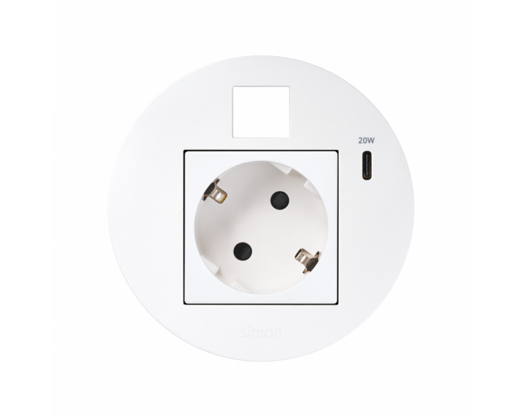 Meblowe gniazdo zasilające z uziemieniem (Schuko) z ładowarką USB-C 20W i plakietką RJ45 z mocowaniem Keystone, IP20, 16A, biały, Wym. montażowe: Ø80mm Simon 400, Flash 90 KR3310013/9