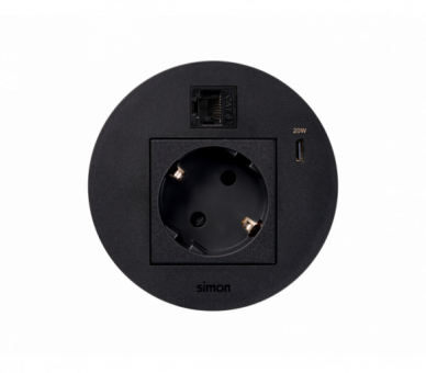 Meblowe gniazdo zasilające z uziemieniem (Schuko) z ładowarką USB-C 20W i złączem RJ45 kat. 6 UTP (mocowanie Keystone), IP20, 16A, czarny, Wym. montażowe: Ø80mm Simon 400, Flash 90 KR3310023/14