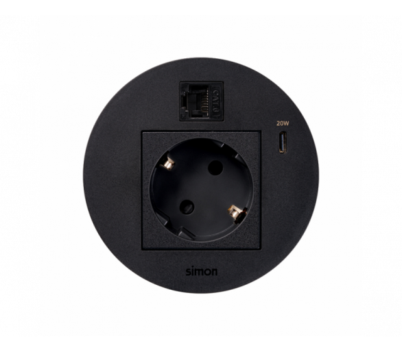 Meblowe gniazdo zasilające z uziemieniem (Schuko) z ładowarką USB-C 20W i złączem RJ45 kat. 6 UTP (mocowanie Keystone), IP20, 16A, czarny, Wym. montażowe: Ø80mm Simon 400, Flash 90 KR3310023/14