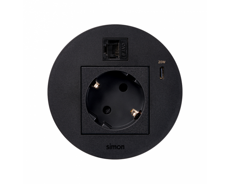 Meblowe gniazdo zasilające z uziemieniem (Schuko) z ładowarką USB-C 20W i złączem RJ45 kat. 6 UTP (mocowanie Keystone), IP20, 16A, czarny, Wym. montażowe: Ø80mm Simon 400, Flash 90 KR3310023/14