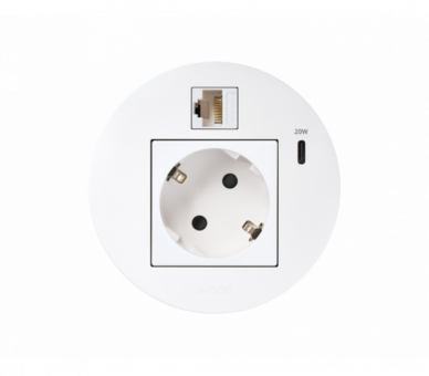 Meblowe gniazdo zasilające z uziemieniem (Schuko) z ładowarką USB-C 20W i złączem RJ45 kat. 6 UTP (mocowanie Keystone), IP20, 16A, biały, Wym. montażowe: Ø80mm Simon 400, Flash 90 KR3310023/9