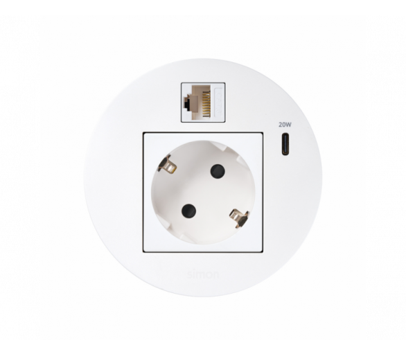 Meblowe gniazdo zasilające z uziemieniem (Schuko) z ładowarką USB-C 20W i złączem RJ45 kat. 6 UTP (mocowanie Keystone), IP20, 16A, biały, Wym. montażowe: Ø80mm Simon 400, Flash 90 KR3310023/9
