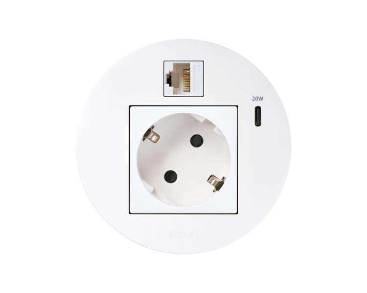 Meblowe gniazdo zasilające z uziemieniem (Schuko) z ładowarką USB-C 20W i złączem RJ45 kat. 6 UTP (mocowanie Keystone), IP20, 16A, biały, Wym. montażowe: Ø80mm Simon 400, Flash 90 KR3310023/9