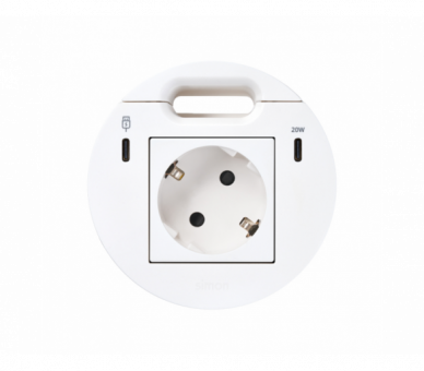 Meblowe gniazdo zasilające z uziemieniem (Schuko) z ładowarką USB-C 20W, portem USB-C DATA i przepustem kablowym, stacja dokująca 1xHDMI+LAN+3xUSB-A w zestawie, IP20, 16A, biały, Wym. montażowe: Ø80mm Simon 400, Flash 90 KR3311301/9