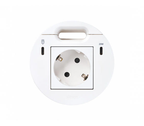 Meblowe gniazdo zasilające z uziemieniem (Schuko) z ładowarką USB-C 20W, portem USB-C DATA i przepustem kablowym, stacja dokująca 1xHDMI+LAN+3xUSB-A w zestawie, IP20, 16A, biały, Wym. montażowe: Ø80mm Simon 400, Flash 90 KR3311301/9