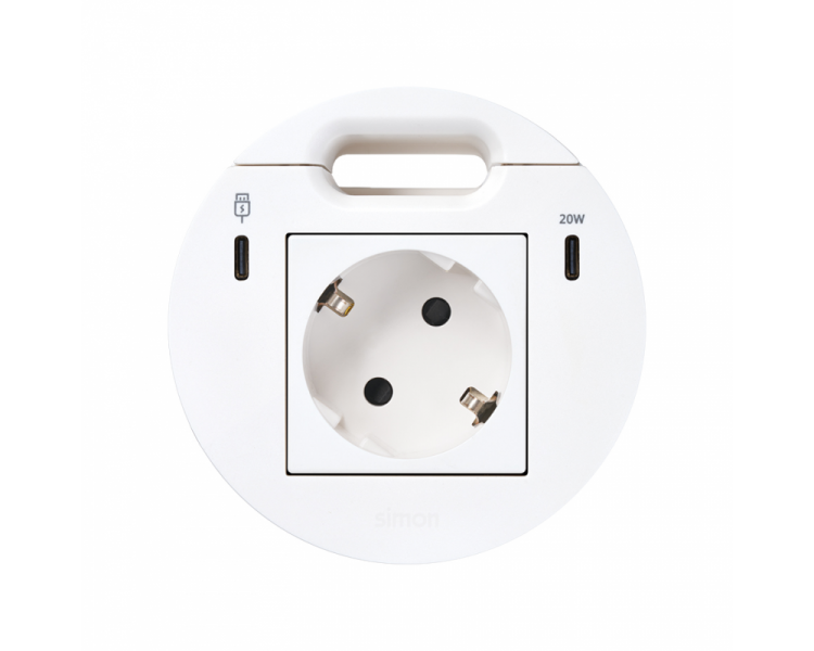 Meblowe gniazdo zasilające z uziemieniem (Schuko) z ładowarką USB-C 20W, portem USB-C DATA i przepustem kablowym, stacja dokująca 1xHDMI+LAN+3xUSB-A w zestawie, IP20, 16A, biały, Wym. montażowe: Ø80mm Simon 400, Flash 90 KR3311301/9