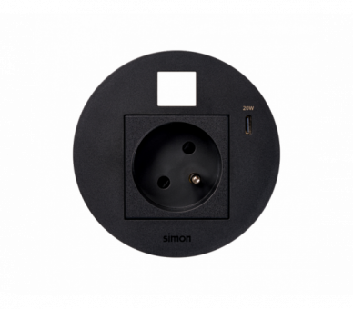 Meblowe gniazdo zasilające z uziemieniem (bolec uziemiający) z ładowarką USB-C 20W i plakietką RJ45 z mocowaniem Keystone, IP20, 16A, czarny, Wym. montażowe: Ø80mm Simon 400, Flash 90 KR3320013/14