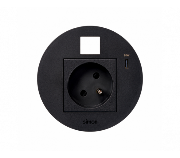 Meblowe gniazdo zasilające z uziemieniem (bolec uziemiający) z ładowarką USB-C 20W i plakietką RJ45 z mocowaniem Keystone, IP20, 16A, czarny, Wym. montażowe: Ø80mm Simon 400, Flash 90 KR3320013/14