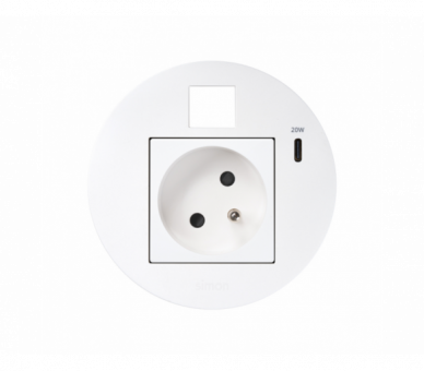 Meblowe gniazdo zasilające z uziemieniem (bolec uziemiający) z ładowarką USB-C 20W i plakietką RJ45 z mocowaniem Keystone, Simon 400 Flash 90, IP20, 16A, biały, Wym. montażowe: Ø80mm Simon 400, Flash 90 KR3320013/9