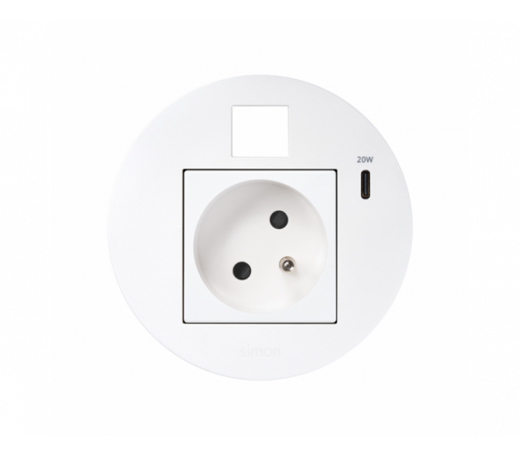 Meblowe gniazdo zasilające z uziemieniem (bolec uziemiający) z ładowarką USB-C 20W i plakietką RJ45 z mocowaniem Keystone, Simon 400 Flash 90, IP20, 16A, biały, Wym. montażowe: Ø80mm Simon 400, Flash 90 KR3320013/9