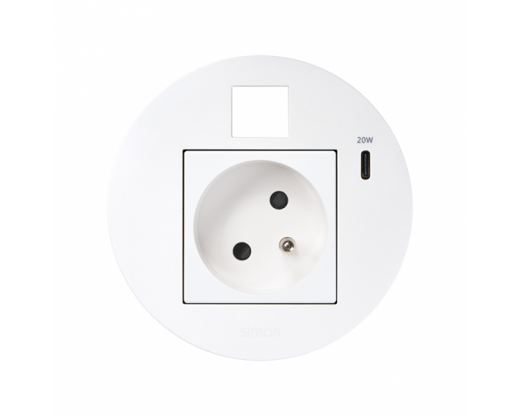 Meblowe gniazdo zasilające z uziemieniem (bolec uziemiający) z ładowarką USB-C 20W i plakietką RJ45 z mocowaniem Keystone, Simon 400 Flash 90, IP20, 16A, biały, Wym. montażowe: Ø80mm Simon 400, Flash 90 KR3320013/9
