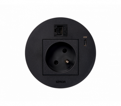 Meblowe gniazdo zasilające z uziemieniem (bolec uziemiający) z ładowarką USB-C 20W i złączem RJ45 kat. 6 UTP (mocowanie Keystone), Simon 400 Flash 90, IP20, 16A, czarny, Wym. montażowe: Ø80mm Simon 400, Flash 90 KR3320023/14
