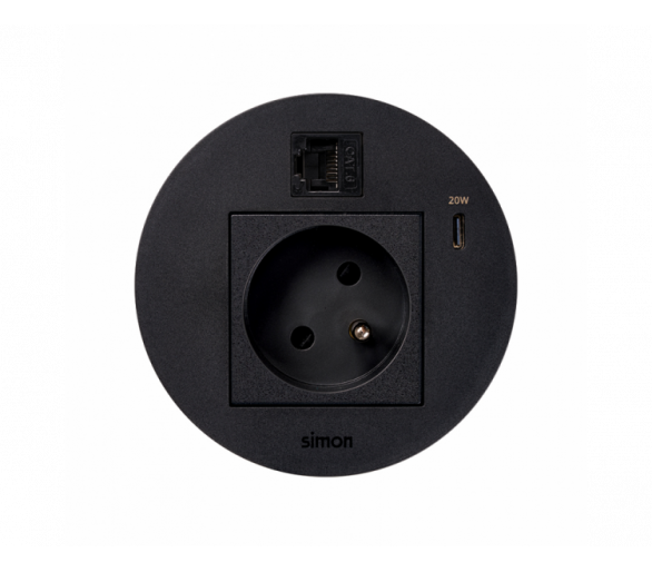 Meblowe gniazdo zasilające z uziemieniem (bolec uziemiający) z ładowarką USB-C 20W i złączem RJ45 kat. 6 UTP (mocowanie Keystone), Simon 400 Flash 90, IP20, 16A, czarny, Wym. montażowe: Ø80mm Simon 400, Flash 90 KR3320023/14