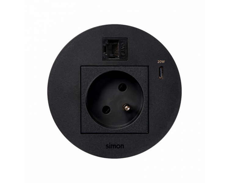 Meblowe gniazdo zasilające z uziemieniem (bolec uziemiający) z ładowarką USB-C 20W i złączem RJ45 kat. 6 UTP (mocowanie Keystone), Simon 400 Flash 90, IP20, 16A, czarny, Wym. montażowe: Ø80mm Simon 400, Flash 90 KR3320023/14