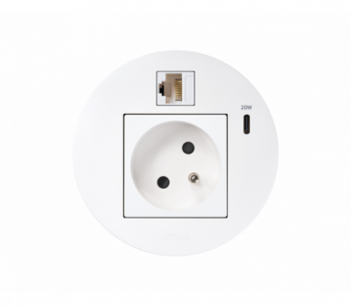Meblowe gniazdo zasilające z uziemieniem (bolec uziemiający) z ładowarką USB-C 20W i złączem RJ45 kat. 6 UTP (mocowanie Keystone), Simon 400 Flash 90, IP20, 16A, biały, Wym. montażowe: Ø80mm Simon 400, Flash 90 KR3320023/9