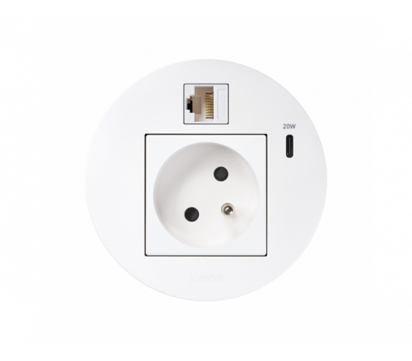 Meblowe gniazdo zasilające z uziemieniem (bolec uziemiający) z ładowarką USB-C 20W i złączem RJ45 kat. 6 UTP (mocowanie Keystone), Simon 400 Flash 90, IP20, 16A, biały, Wym. montażowe: Ø80mm Simon 400, Flash 90 KR3320023/9