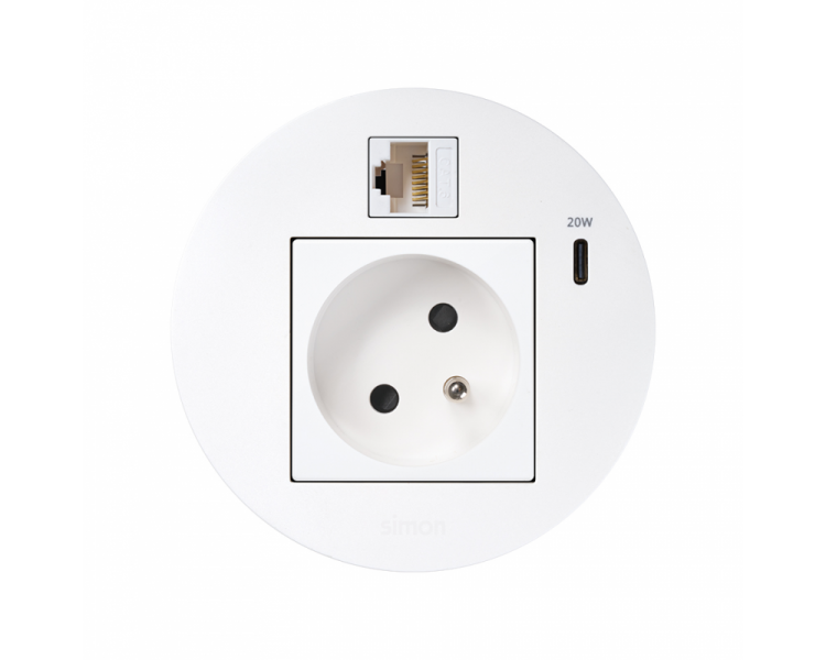 Meblowe gniazdo zasilające z uziemieniem (bolec uziemiający) z ładowarką USB-C 20W i złączem RJ45 kat. 6 UTP (mocowanie Keystone), Simon 400 Flash 90, IP20, 16A, biały, Wym. montażowe: Ø80mm Simon 400, Flash 90 KR3320023/9